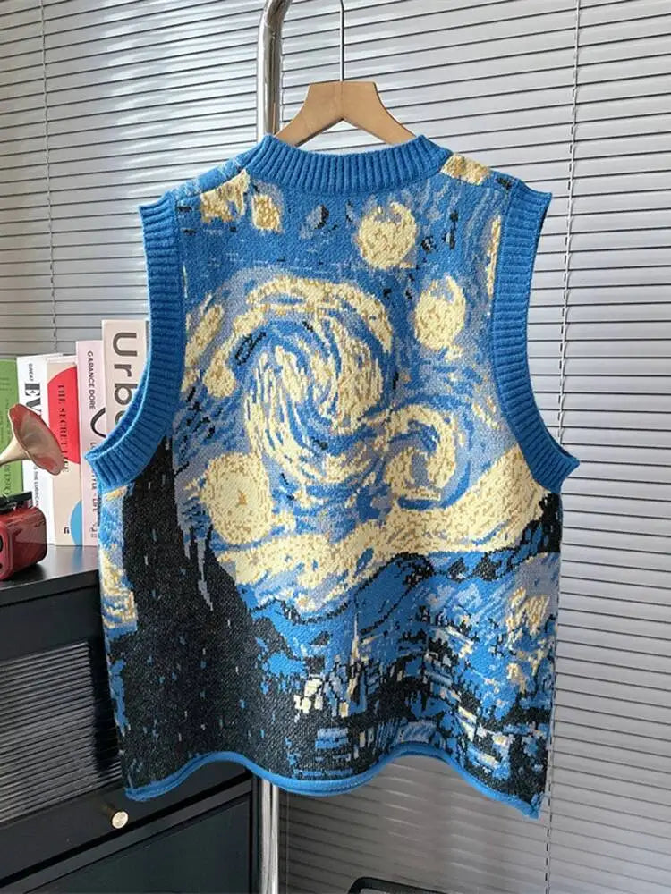 [EWQ] Vintage Oil Painting Sweater Vest Women Contrast O-neck Elastic Pullovers Knit Tank 2026 Spring Autumn Big Size Tops U5266