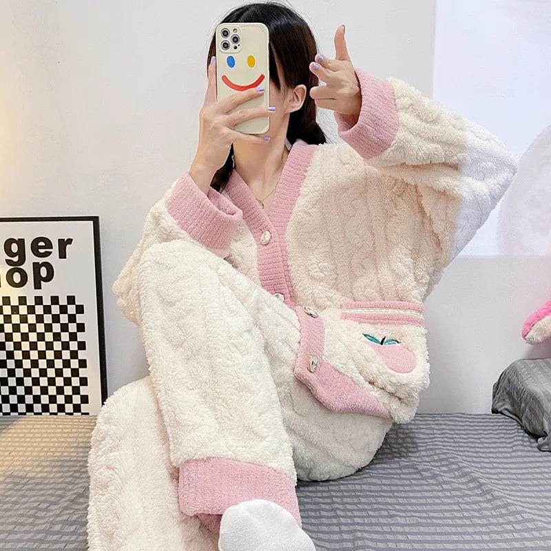Thickened Warm Pink Peach Coral Velvet Pajamas 2PCS Set Winter Ladies Cardigan Nightwear Homewear Sweet Sleepwear Loungewear