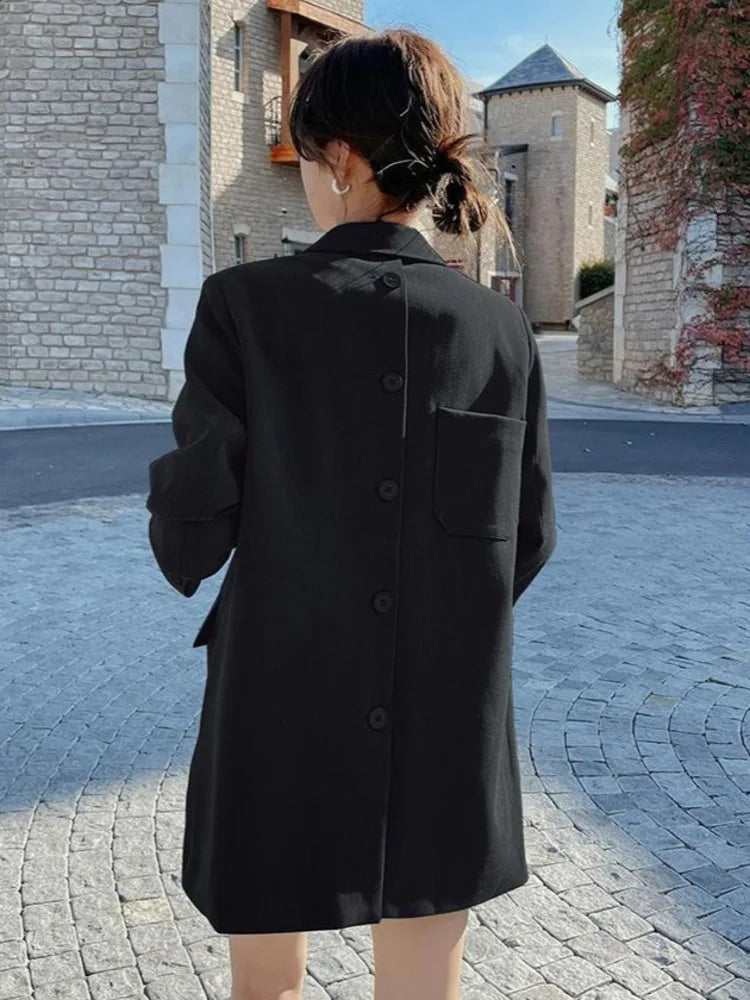 [LANMREM] Tide Designer Back Button Blazer For Women Gray Notched Long Sleeve Fashion Female Coat 2025 Spring New Clothing