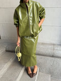 Olive Green Leather Jacket Coat Silhouette Vintage High Street Trend Zipper Lapel Short Overcoat Loose Casual Top Outwear Autumn