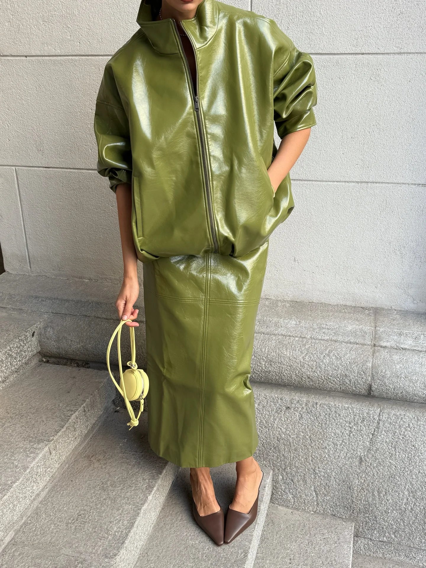 Olive Green Leather Jacket Coat Silhouette Vintage High Street Trend Zipper Lapel Short Overcoat Loose Casual Top Outwear Autumn