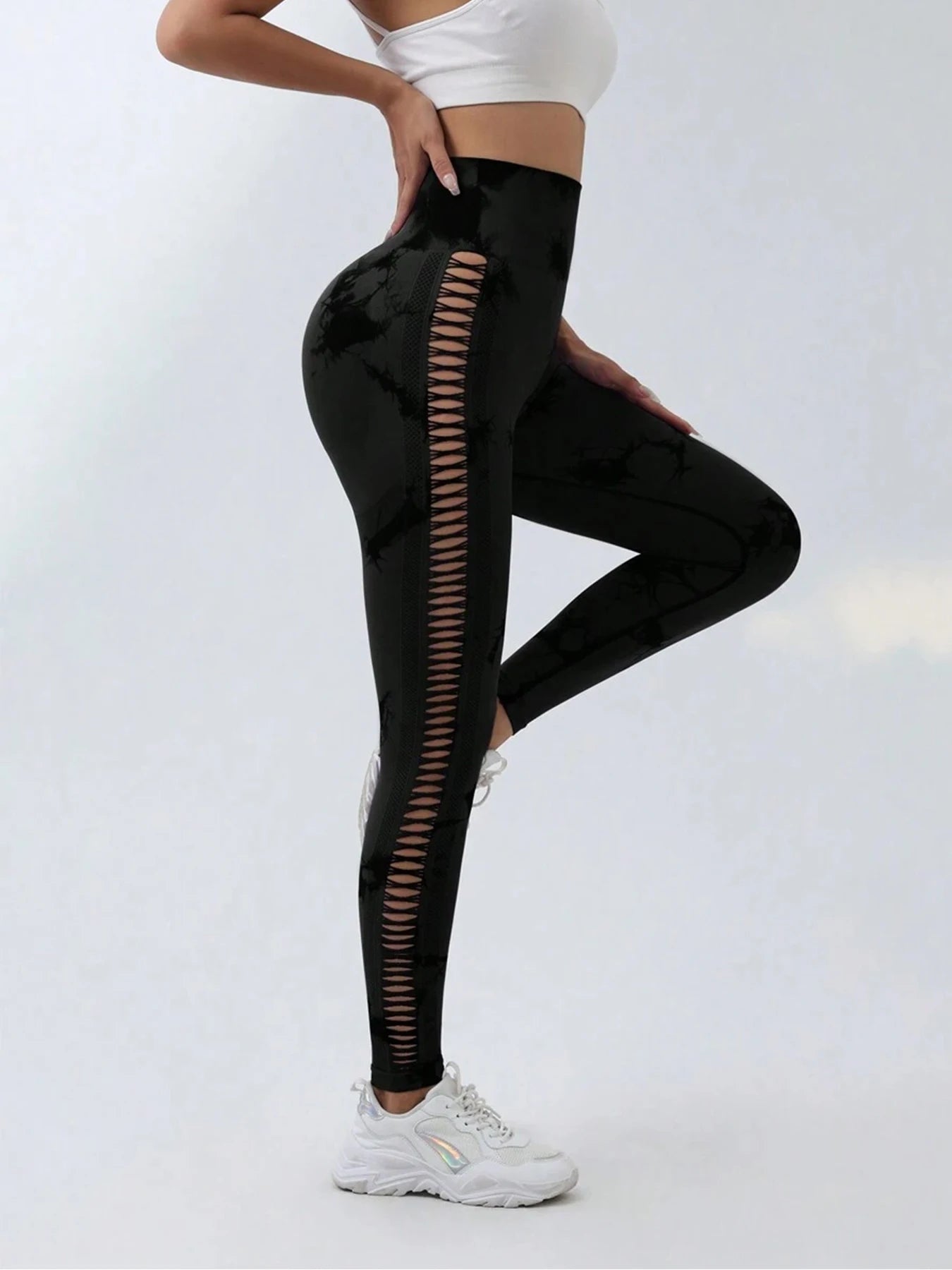 Black Tie-Dye Cutout High-Waist Yoga Pants Butt-Lifting Stretch Fitness Leggings Sports Slim-Fit Base Layer Leggings