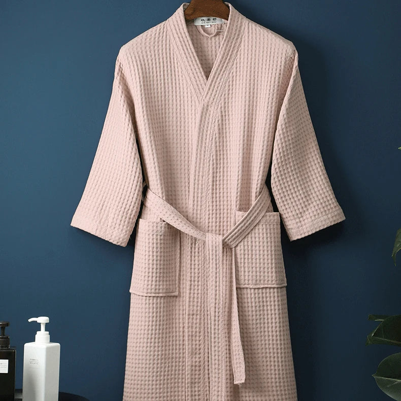 Adult Cotton Waffle Kimono Bathrobe Gown Yukata Couple Robe Negligee with Pocket Loose Casual Home Dress Loungewear Sleepwear