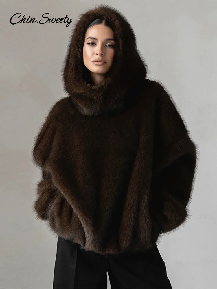 Women Solid Faux Fur Hooded Pullover Casual Full Sleeve Warm Loose Thick Tops Lady New Daily Chic Elegant Winter Outwear 2025