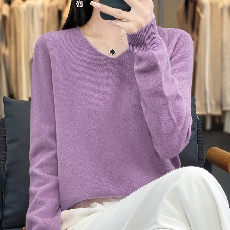 New Women's V-neck First-line Ready-To-Wear Sweater Long Sleeve Jumper Loose Fashion Comfortable Solid Color SweaterZD