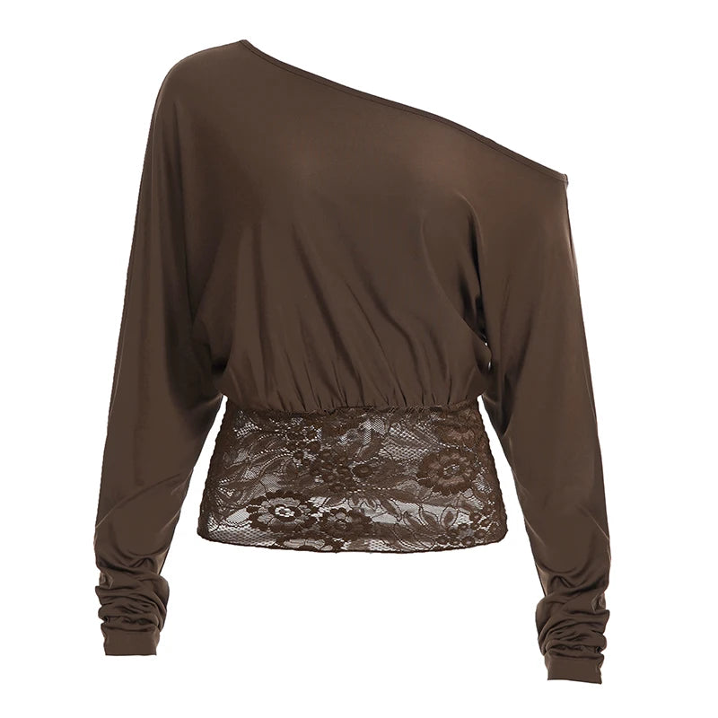 Elegant Patchwork Lace T-Shirt See Through Slim-Fitting Crew Neck Off-Shoulder Tees Women 2026 Fashion New （Two Design Styles）