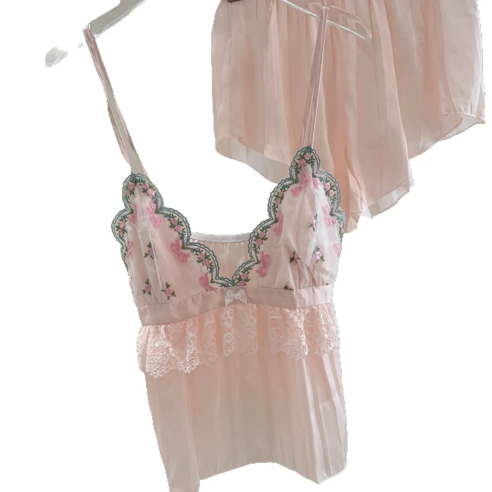 Sweet Pink Chemise Sleepwear Intimate Lingerie Summer Young Girl Homewear Strap Top&shorts Pijamas Suit Sexy Lace Loungewear