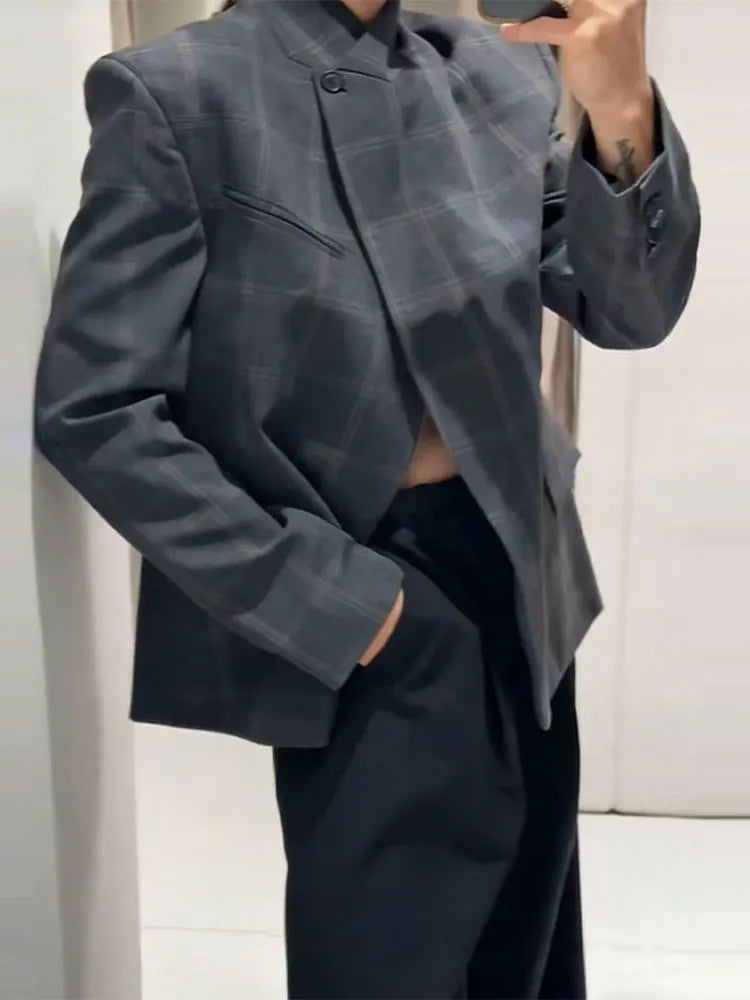 HH Women Fashion Plaid Blazer Coat Stand Collar Long Sleeve Jacket 2026 Spring Trend Casual Office Lady Chic Outerwear