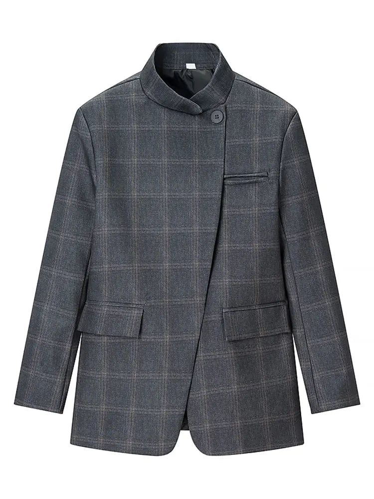 HH Women Fashion Plaid Blazer Coat Stand Collar Long Sleeve Jacket 2026 Spring Trend Casual Office Lady Chic Outerwear