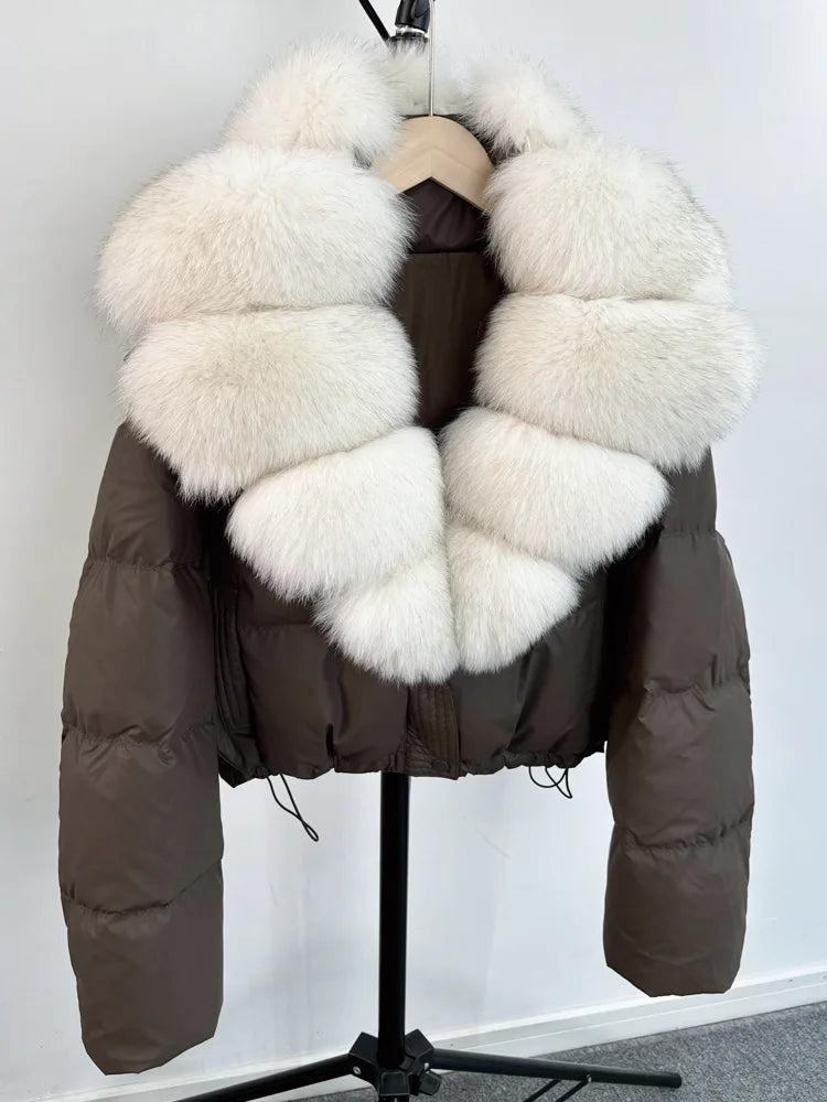 Janveny Large Natural Fox Fur Collar 90% White Duck Down Jacket Women Winter Short Waterproof PU Puffer Coat Female Thick Parkas