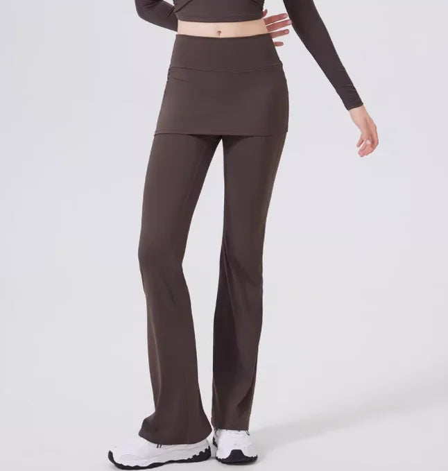 Fake two high waisted slightly flared pants with hip covering skirt for women's running, dance training, Pilates sports pants
