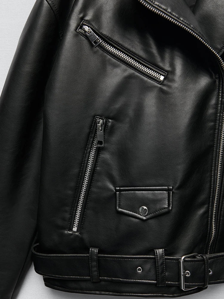 Ailegogo Women Loose Motorcycle Biker Black Pu Faux Leather Jacket with Belt Spring Autumn Female Zipper Coat Outwear