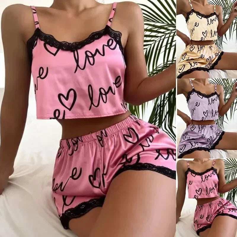 Sexy Pajama Shorts Sets Womens Homewear Love Print Nighty Underwear Pijama Summer Lingeries Camisoles Tanks Lady Sleepwear Woman