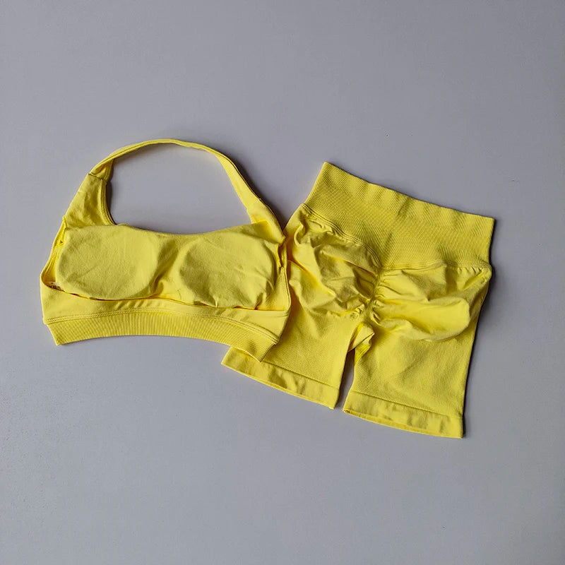 Sexy Halter Neck Beautiful Back High Waist Peach Sports Bras Shorts Suit Pilates Gathering Yoga Vest Training Fitness Bra Sets