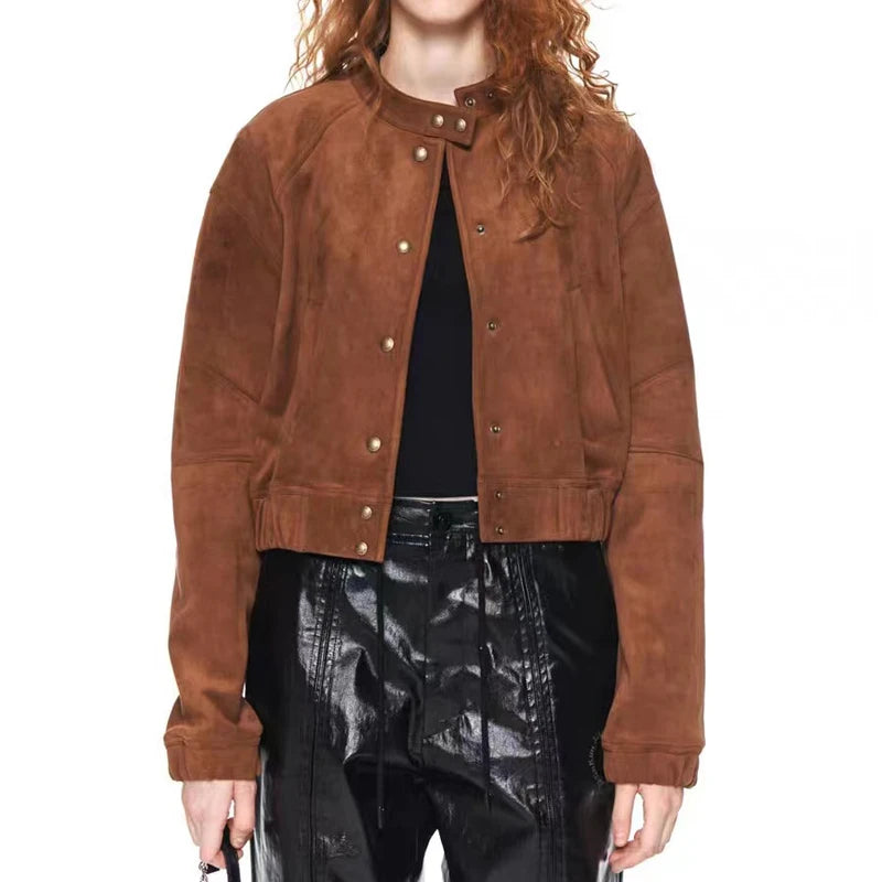 2026 Imported Goat Suede Jacket For Women Retro Standing Collar Versatile Slimming Elastic Waist  Leather Coat Chaquetas Bomber
