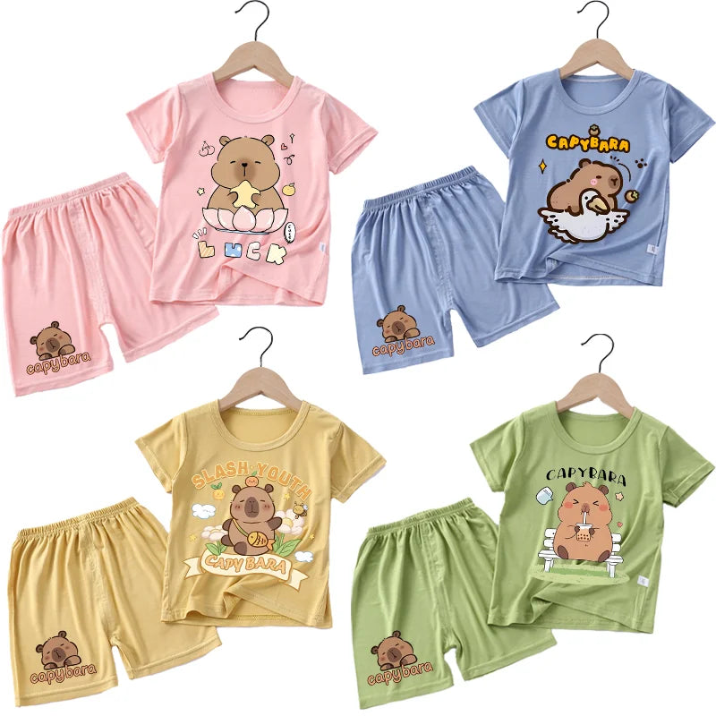 Capybara Cute Pajamas Suit Short Sleeve Sleepwear Cartoon Animal Print Soft Homewear Set Kawaii Silky Home Nightgown Summer Gift