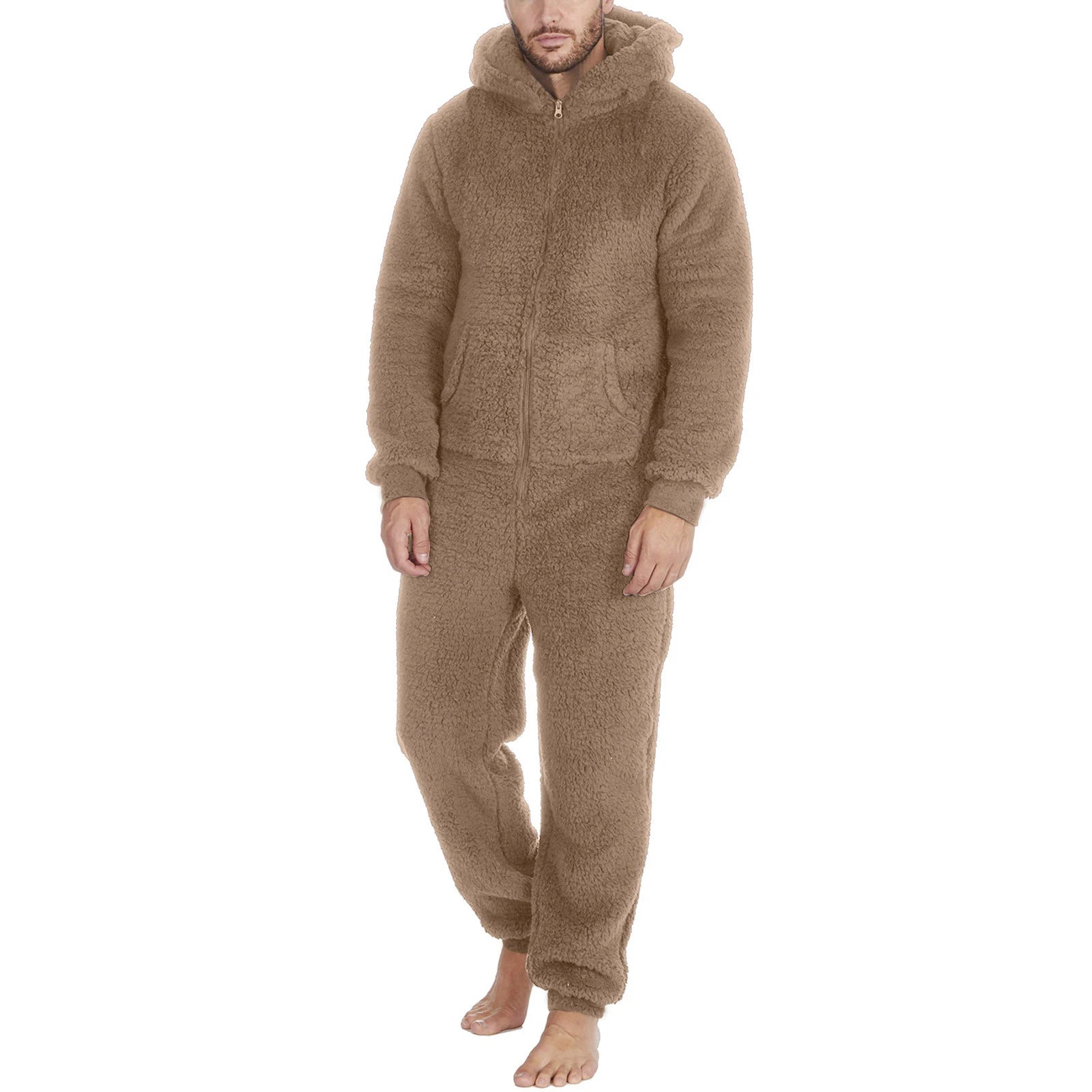 Men's Hooded Pajamas Autumn and Winter Thickened Jumpsuit Hooded Clothing Fleece Zipper Front Full Length Jumpsuit Sleepwear