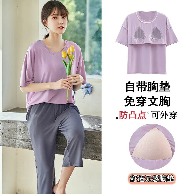 Thin With Chest Pad Summer Women's Suit Pijama New In Women's Sleepwear Short Sleeve Pajama Sets 2 Pieces Cute Clothes