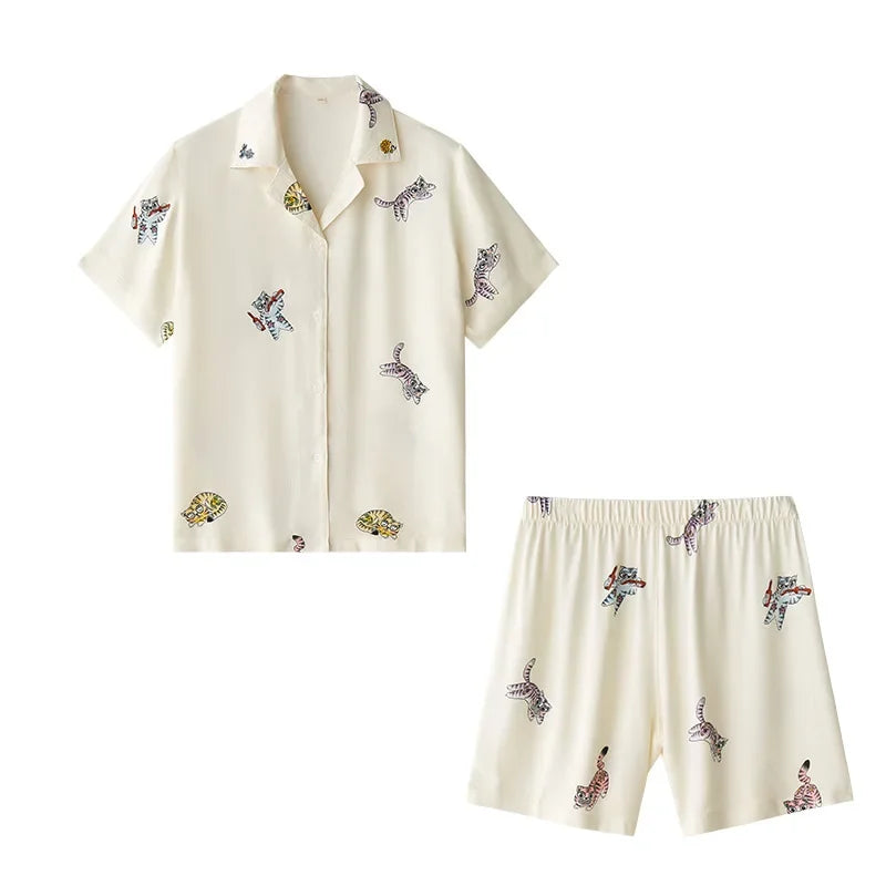 2024 Summer Women Pajamas Gongsatin Tiger Short Sleeve Shorts Pajama Set Men Sleepwear Two Piece Set Loungewear Satin Night Wear