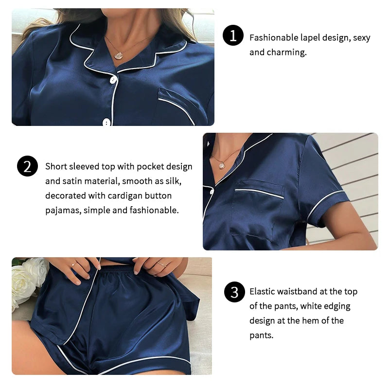2026 New Elegant Women Sleepwear Satin Pajamas Set Short Sleeve Lapel Buttons Top and Shorts Breathable Soft Fabric Fit Pajamas