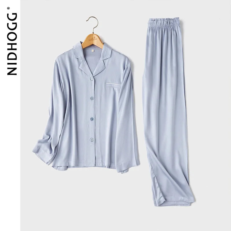 Couple's Satin Solid Color Pajamas Turn-down Collar Long-Sleeved Pajama Set Autumn Pocket 2 Piece Sleepwear Home Pijama Mujer