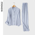 Couple's Satin Solid Color Pajamas Turn-down Collar Long-Sleeved Pajama Set Autumn Pocket 2 Piece Sleepwear Home Pijama Mujer