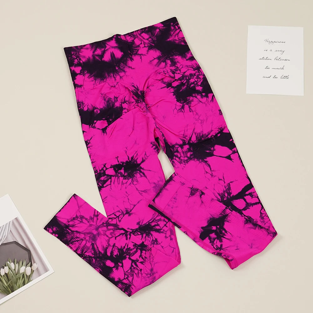 VEQKING Seamless Tie Dye Women Yoga Pants High Waist Sports Leggings Elastic Quick Dry Gym Fitness Pants Tight Workout Trousers