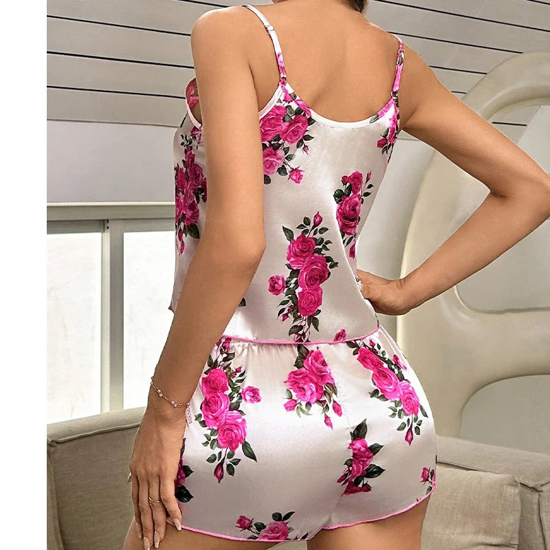 Women's Satin Floral Print Pajama Set Casual Sleeveless V-Neck Top And Elastic Shorts Comfortable Perfect For Summer Loungewear