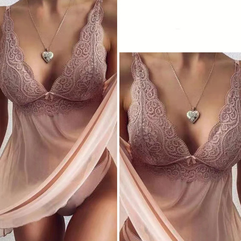 Women's Lace Trim V-Neck Cami Nightdress - Sexy & Elegant Sheer Mesh Sleepwear for Intimate Nights