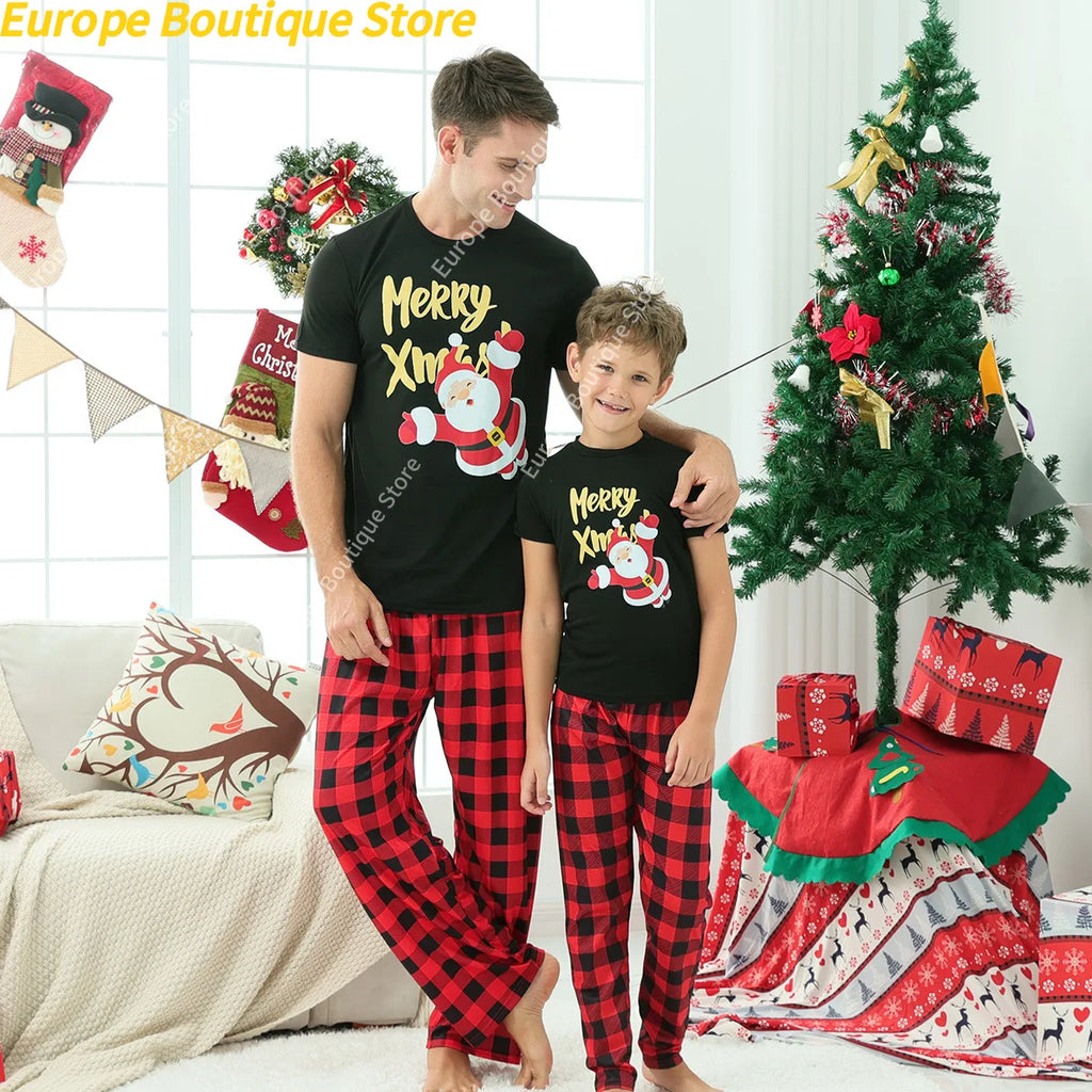 2025 New Year's Costume Short Sleeve Christmas Pajamas Set Matching Outfits for Family/Couples/Kids T-shirt+Trousers Sleepwear