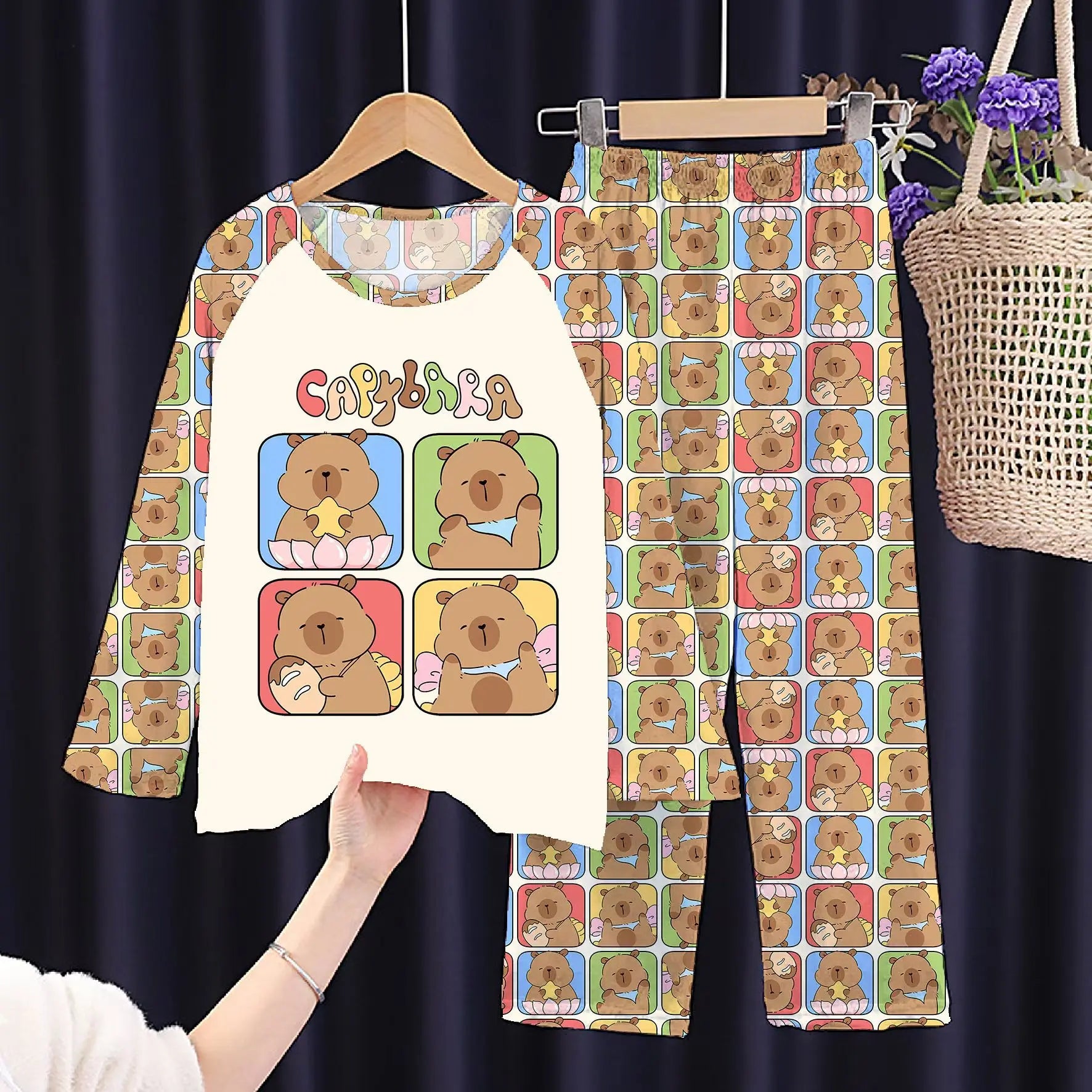 Girls Capybara Pajamas Set Full Sleeve Children Sleepwear Kids Pyjamas Suits for Teenager Boys Pijama Capibara Home Wear Clothes