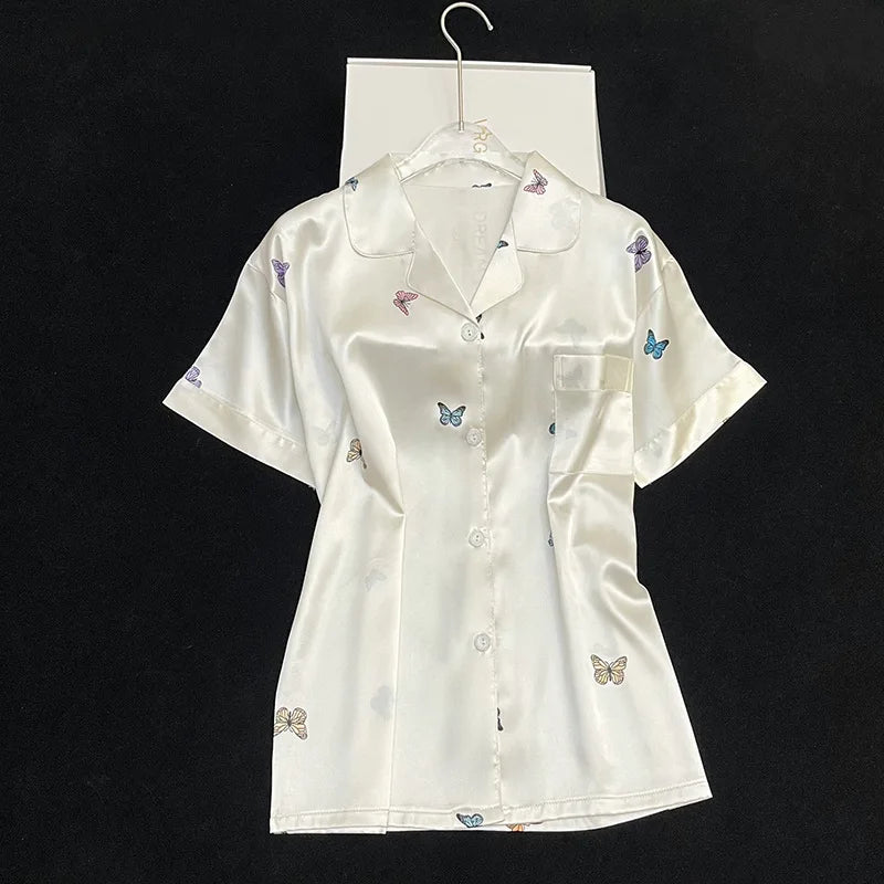 Women's Pajama Set Spring Summer 2 Piece Print Butterfly Pyjama Faux Silk Satin Sleepwear Short Sleeve Pijama Mujer Pjs Homewear