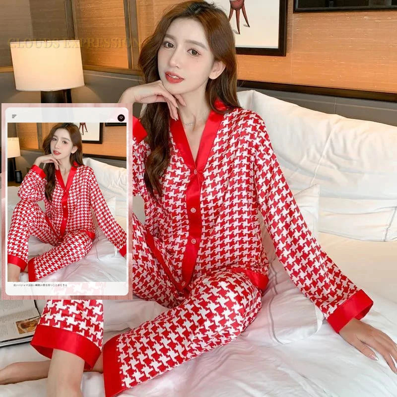 Spring Summer Ladies Faux Silk Polyester Pajama Sets Sexy Homewear Women's Casual Luxury Pajamas Thin Pajamas Female Sleepwear