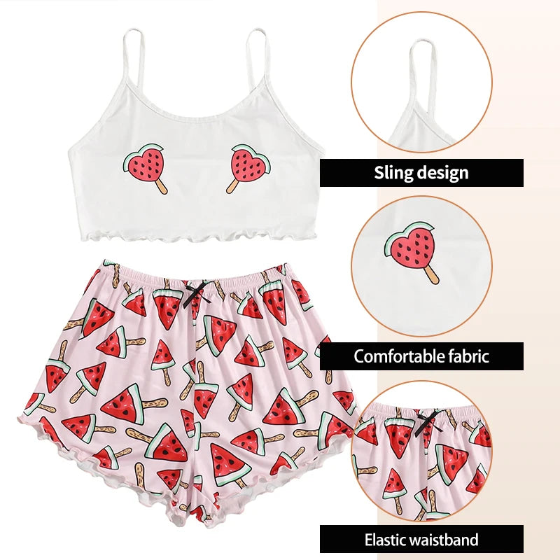 Summer New Comfortable Two-Piece Milk Silk Pink Printed Watermelon Suspender Sexy Women's Home Sleepwear Set