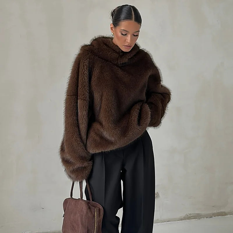 Women Solid Faux Fur Hooded Pullover Casual Full Sleeve Warm Loose Thick Tops Lady New Daily Chic Elegant Winter Outwear 2025
