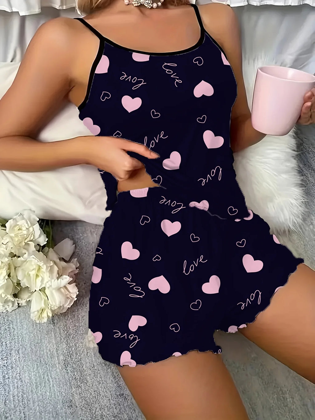 2 Pieces Pajama Set Women Love Heart Print Spaghetti Strap Shorts,Knit Fabric Sleepwear for All Seasons, Adult Lounge Set