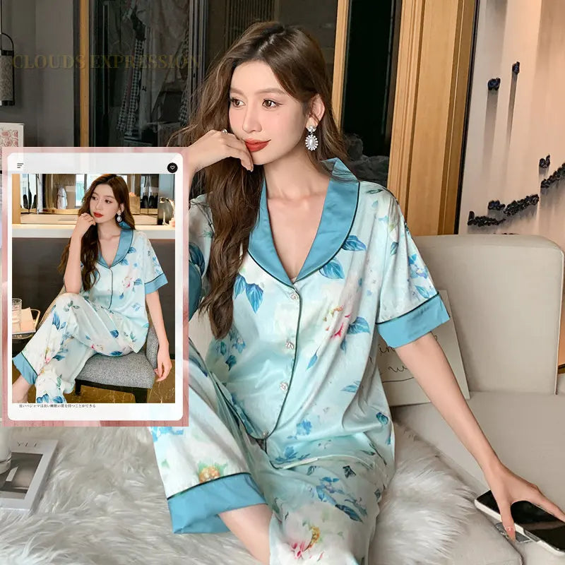 Spring Summer Ladies Faux Silk Polyester Pajama Sets Sexy Homewear Women's Casual Luxury Pajamas Thin Pajamas Female Sleepwear