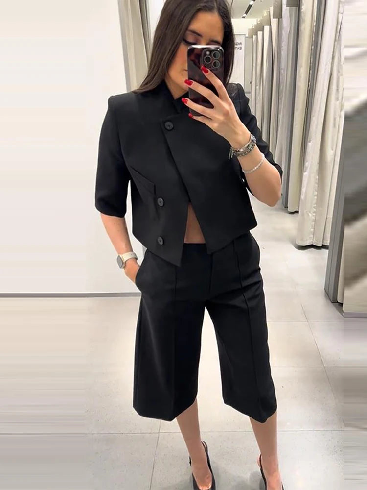 Elegant Women's Cropped Suit Jackets Asymmetric Stand Collar One Button Short Sleeve Blazer 2026 Spring Summer Lady Outwear