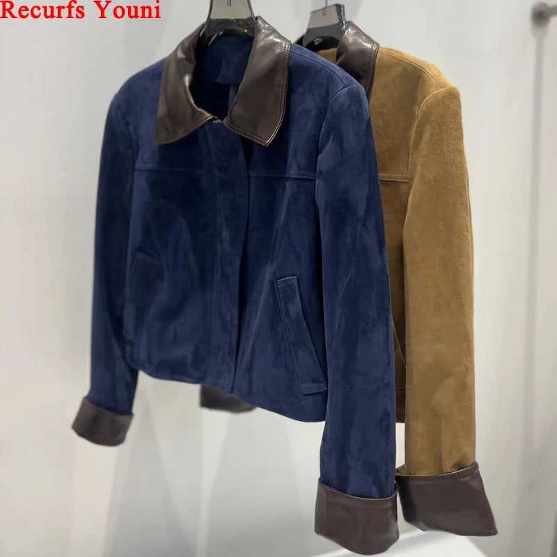 European Imported Suede Jacket Women 2026 Autumn Winter Branded New Contrasting Leather Coat Navy Blue Short Locomotive Casacos