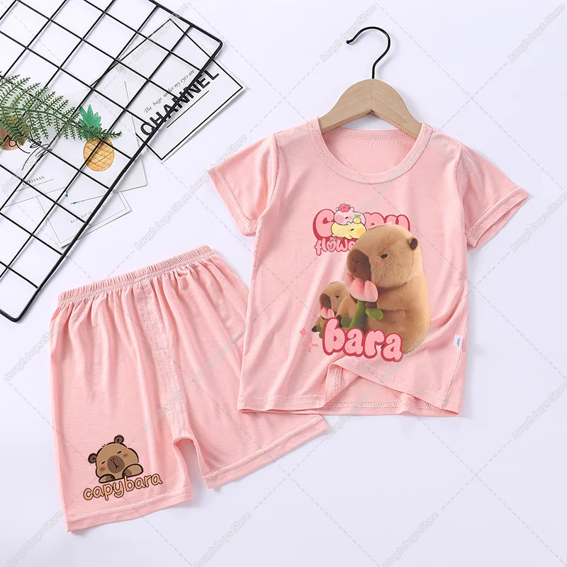 Capybara Cute Pajamas Suit Short Sleeve Sleepwear Cartoon Animal Print Soft Homewear Set Kawaii Silky Home Nightgown Summer Gift