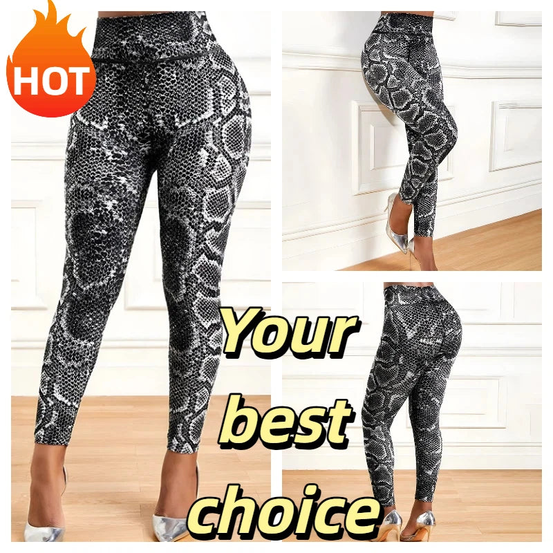 High-Waisted High-Elastic Yoga Leggings with Snake Print for Fitness Running And Daily Wear Slimming Long Pants