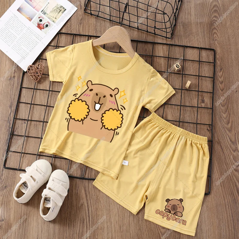 Capybara Cute Pajamas Suit Short Sleeve Sleepwear Cartoon Animal Print Soft Homewear Set Kawaii Silky Home Nightgown Summer Gift