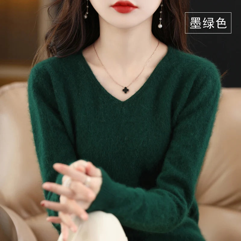 Autumn and Winter New Women's Sweater 100% Mink Cashmere Women's V-neck Pullover Casual Knitting Basic Fashion Large Top