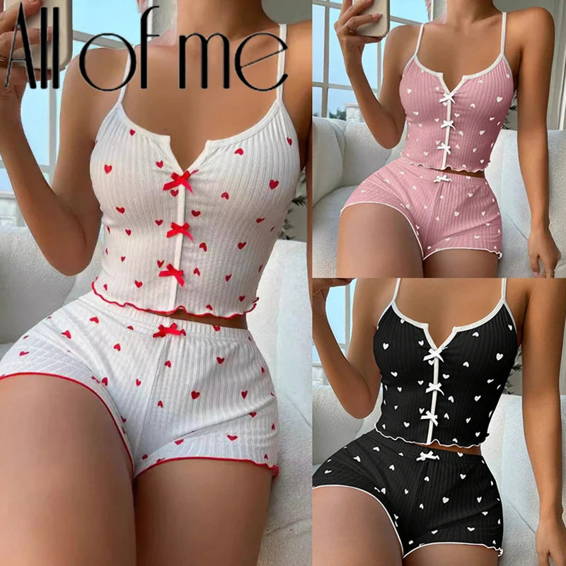 1 Set Sleepwear Women Pajamas Set Heart Print Soft Ribbed Fabric with Flirty Frill Trim Casual Cami Top and Short Set Loungewear