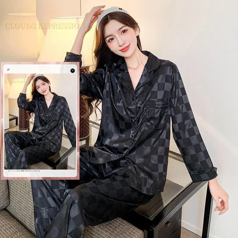 Spring Summer Ladies Faux Silk Polyester Pajama Sets Sexy Homewear Women's Casual Luxury Pajamas Thin Pajamas Female Sleepwear