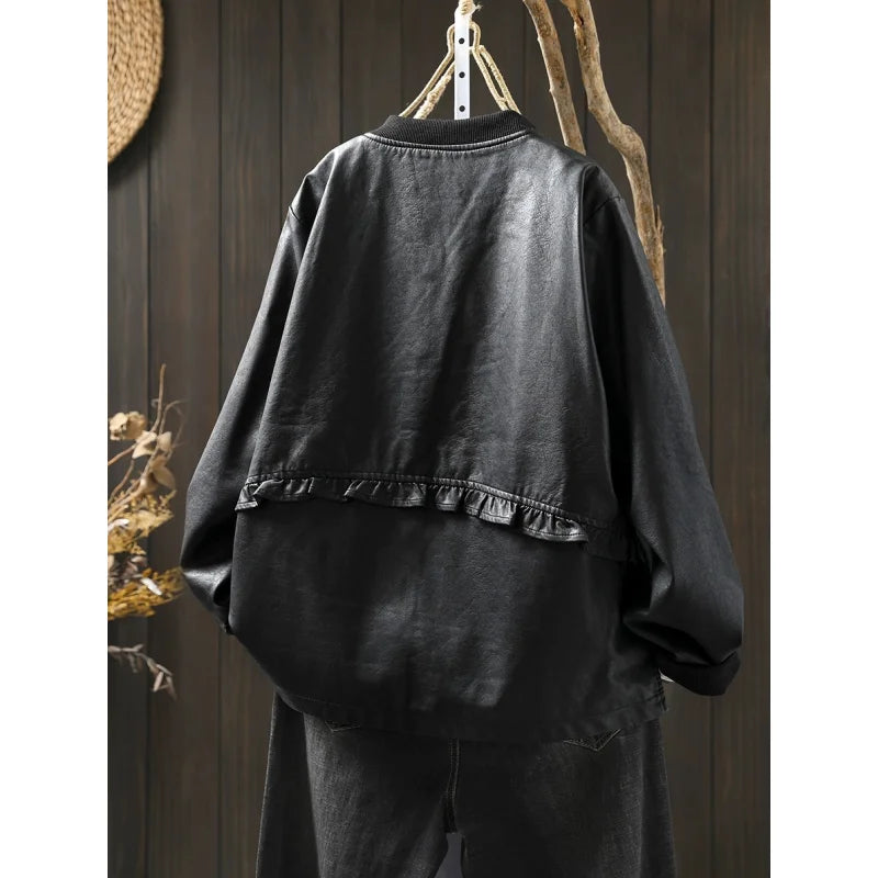 Casual Long Sve PU Leather Jaet Women's Sle Collar Baseball Coat Trendy Ba Splicing Ball Game Faion Outerwear