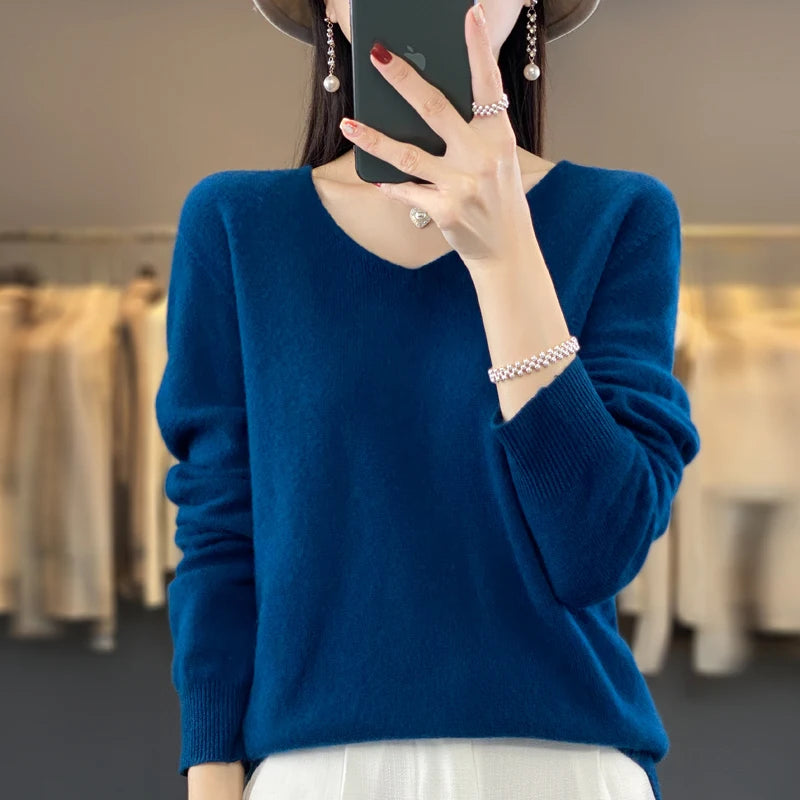 New Autumn And Winter Fashion First-Line Sweater 100% Pure Wool Women's V-Neck Pullover Knitted Base DMR201