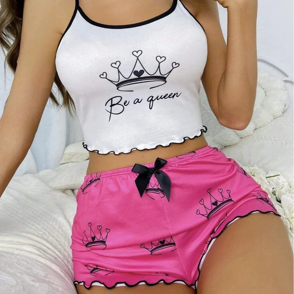 Summer Women's Milk Silk Printed Crown & Flamingo Shorts  Tank Top Two-Piece Set Casual Loungewear Homewear Sleepwear