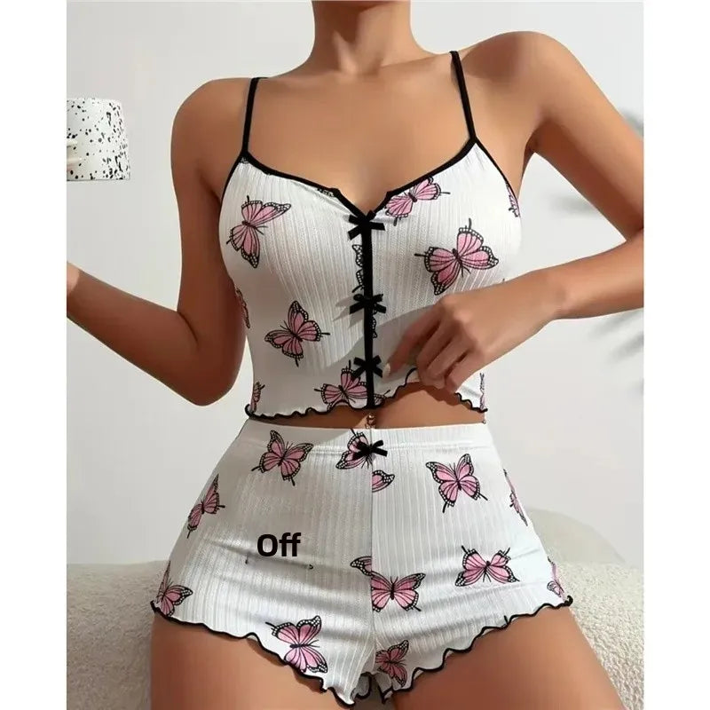 New Hot Sale Of The Season Heart Pattern Color Block Sleepwear Set with Slit in Front Strap Women's Vest Tops Non-Estitched Exte