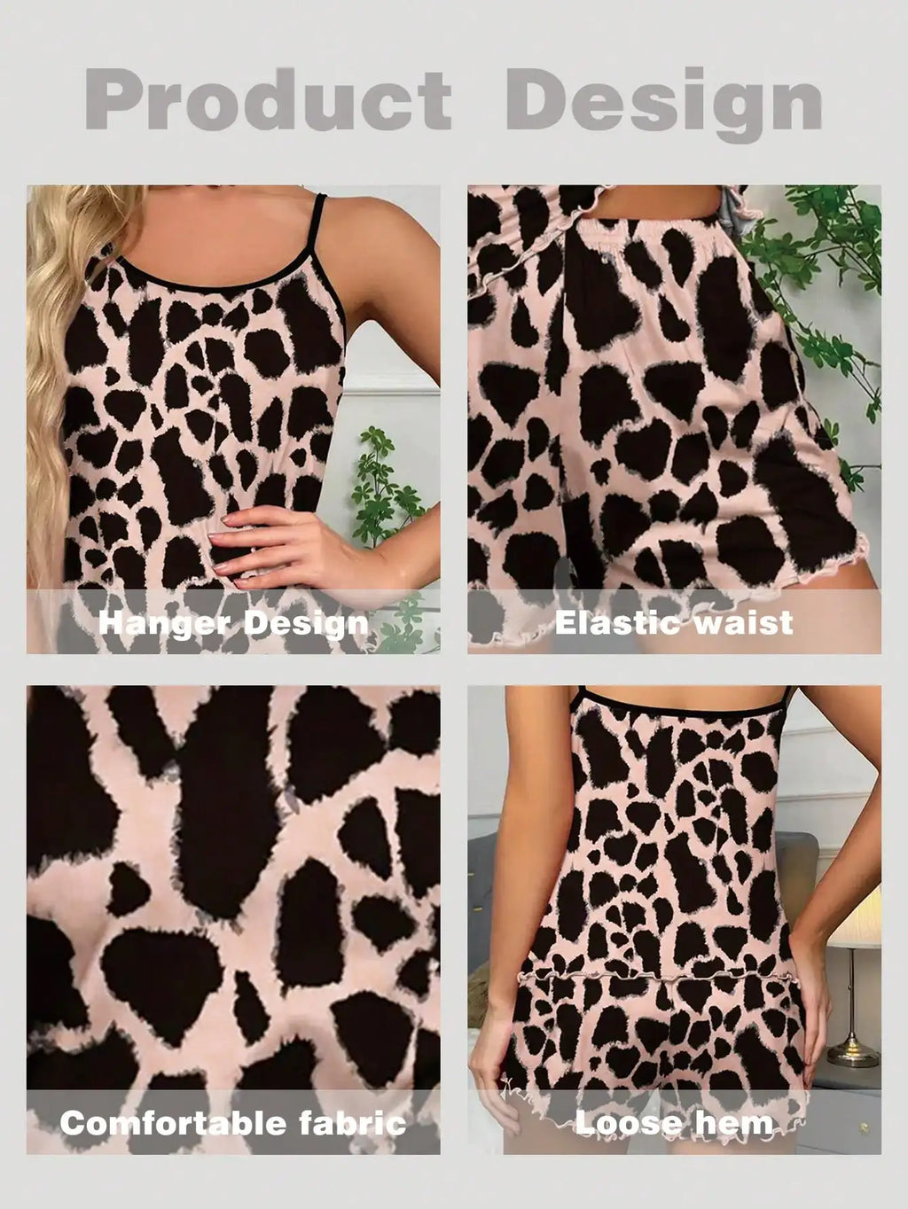 Women's  2 Pieces Set Pajamas Sleepwear Camisole Shorts Sexy Leopard Allover Print Scoop Neck Cami Top Backless Ice Silk Comfort